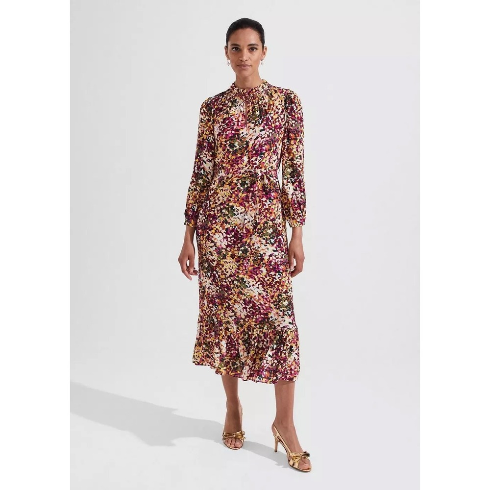 HOBBS London Camellia Dress Abstract Floral Print US 2 Ruffle